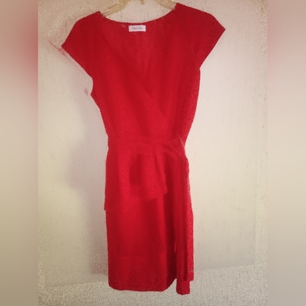 Calvin Klein Red Sheath Midi Dress with Dolman Cap Sleeves